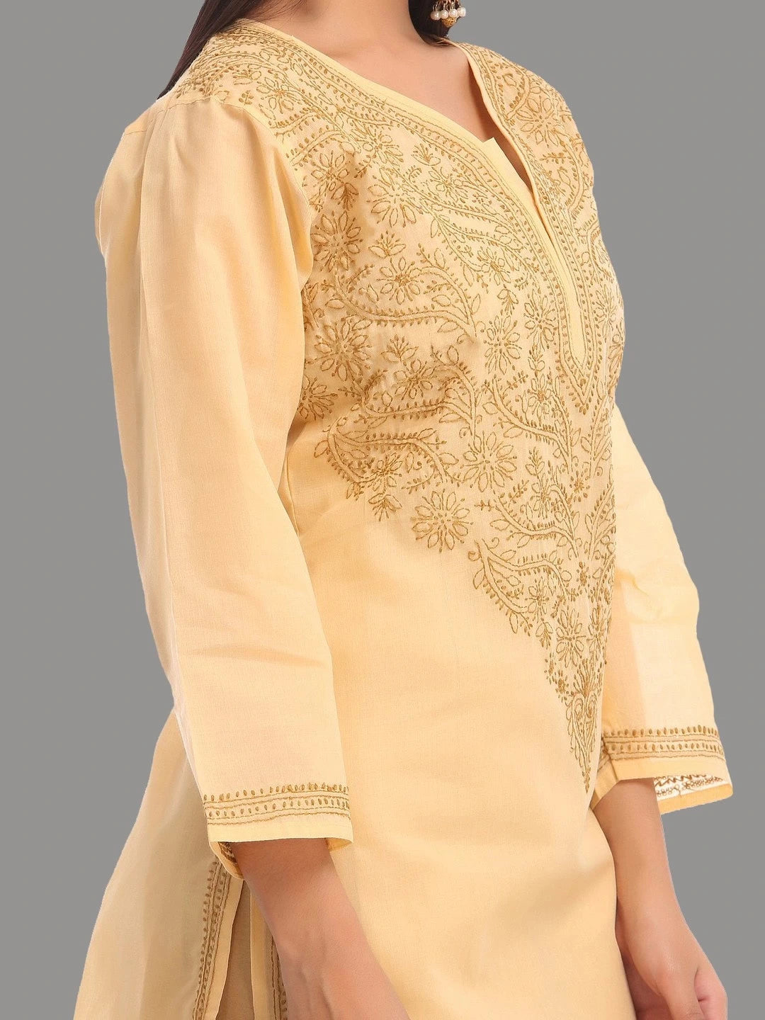 Elegant Fawn Cotton Chikankari Straight Kurta with Hand Embroidery