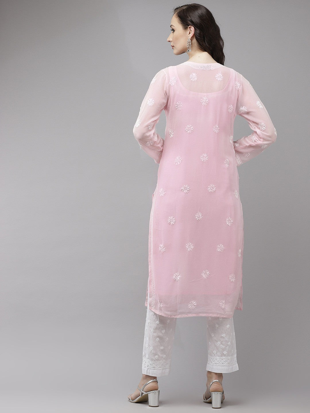 Elegant Hand-Embroidered Faux Georgette Chikankari Kurta Set with Cotton Trousers