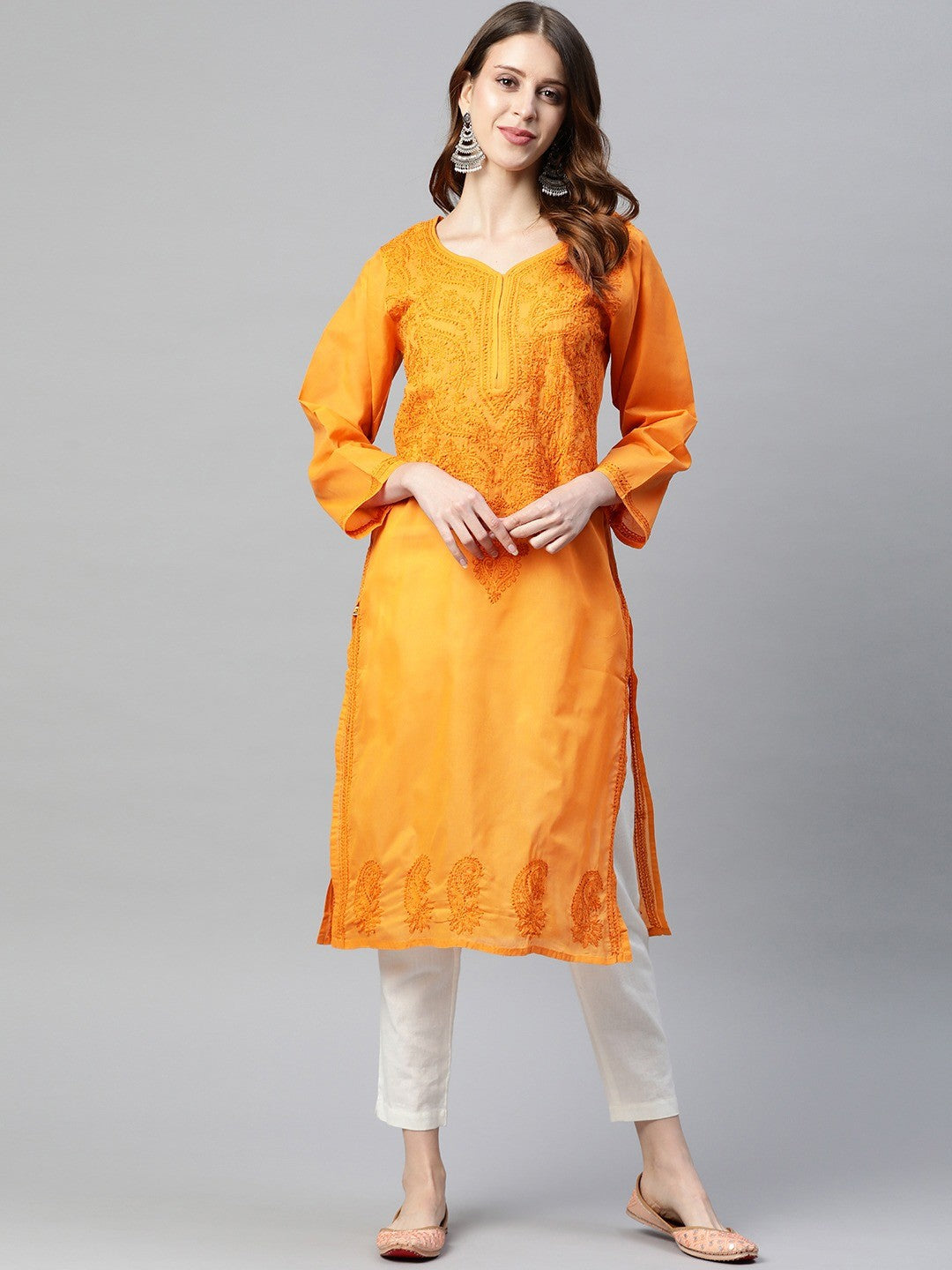 Elegant Fawn Cotton Chikankari Straight Kurta with Hand Embroidery