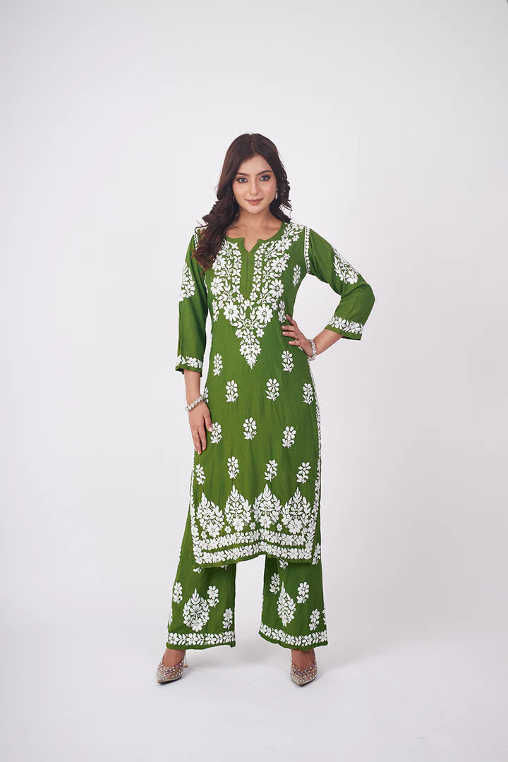 Graceful and Stylish: Handcrafted Lucknowi Kurta with Palazzo