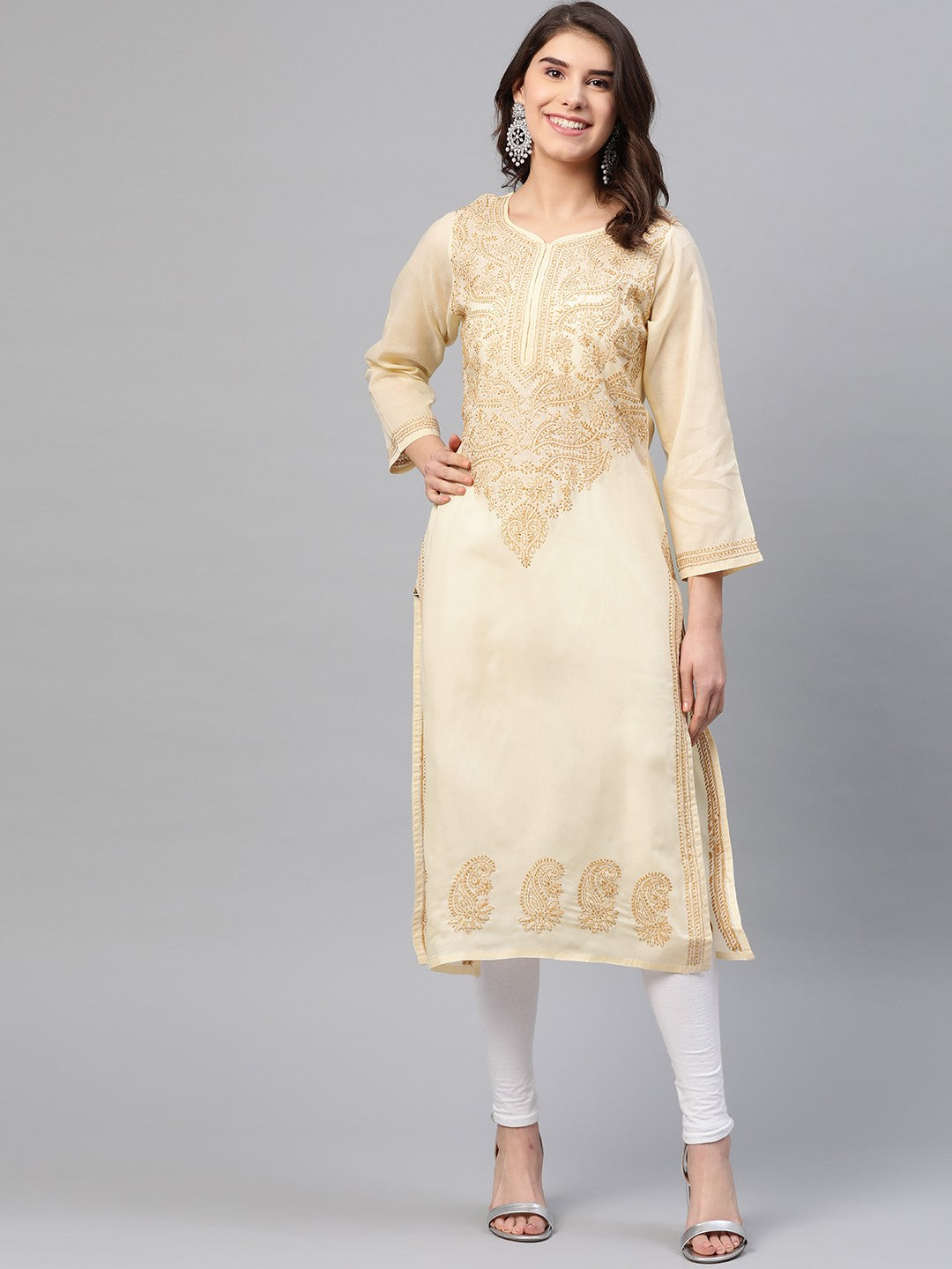 Elegant Fawn Cotton Chikankari Straight Kurta with Hand Embroidery