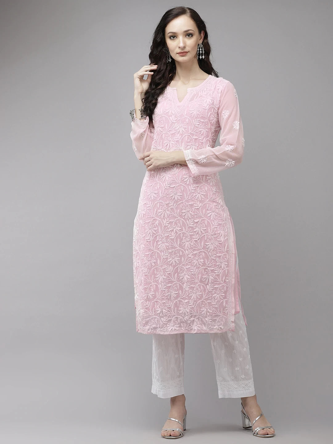 Elegant Hand-Embroidered Faux Georgette Chikankari Kurta Set with Cotton Trousers