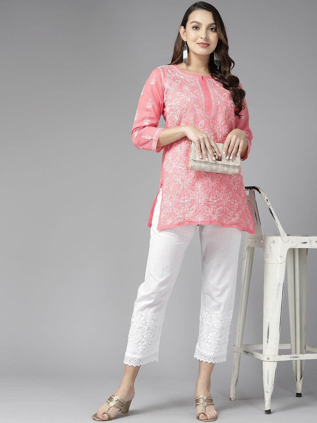 Vibrant Peach Cotton Kurti with Intricate Chikankari