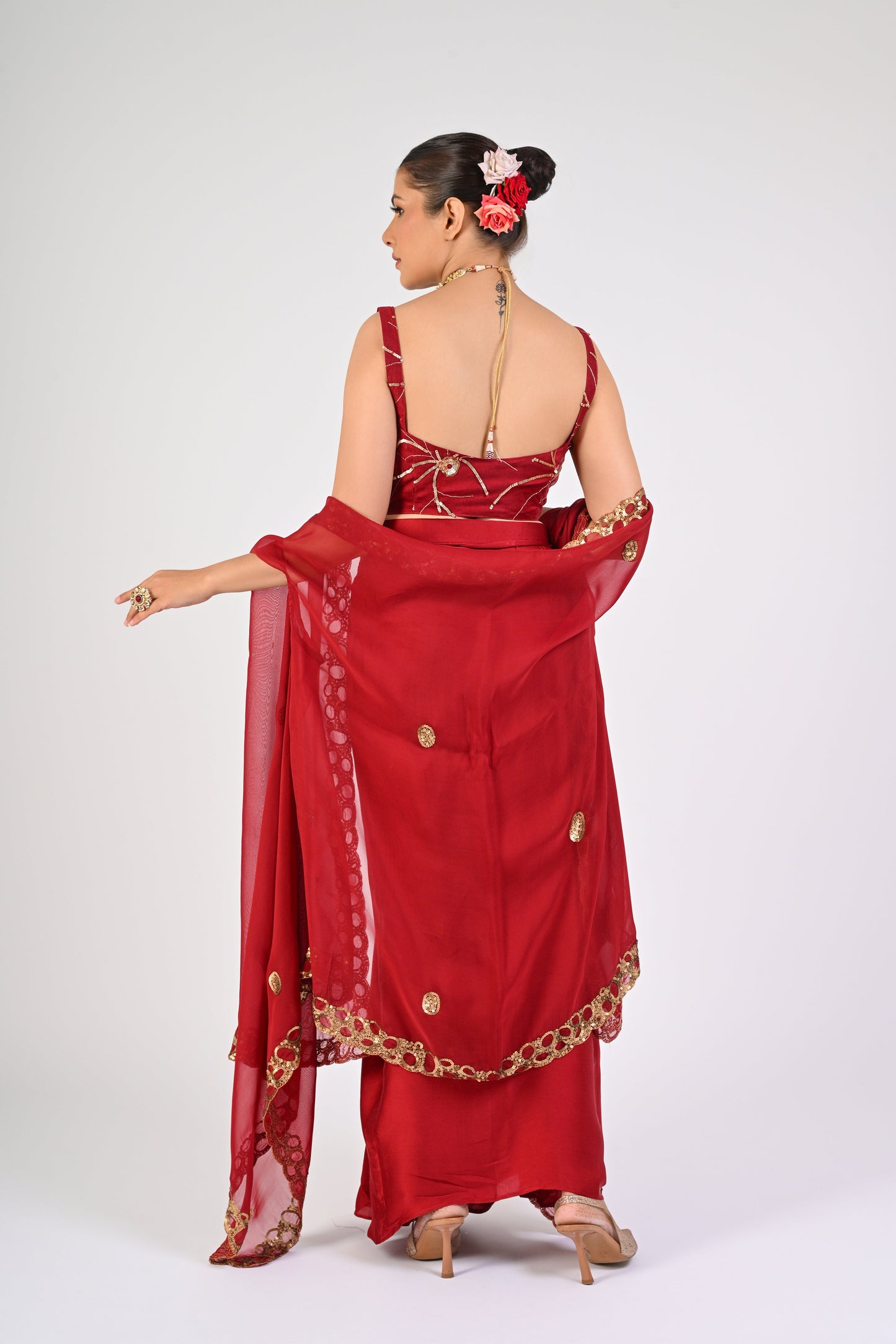 Opulent Syrah Red Satin Skirt Ensemble with Intricate Bustier and Flowing Organza Cape