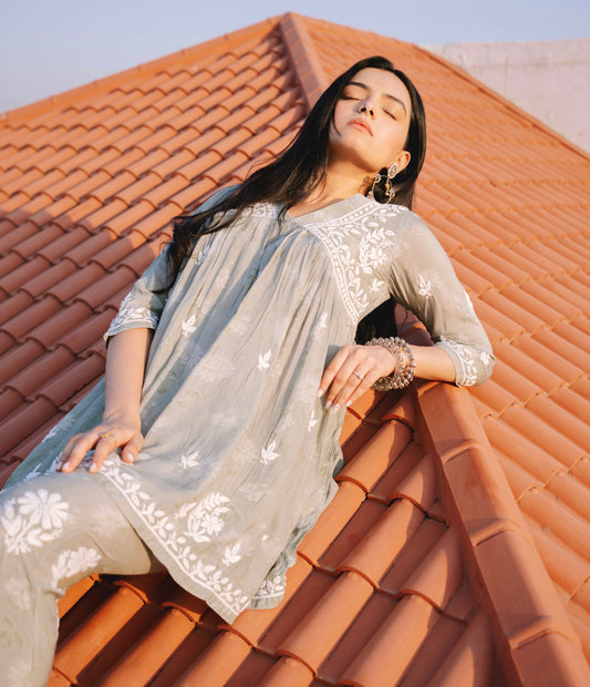 Breezy Muslin Kurti and Pants Set with Intricate Chikankari