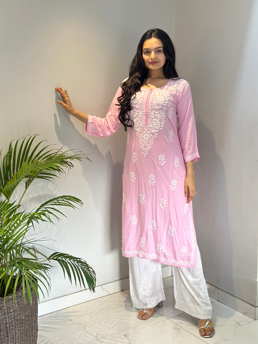 Graceful Hand-Embroidered Pink Kurti and Palazzo with Relaxed Fit