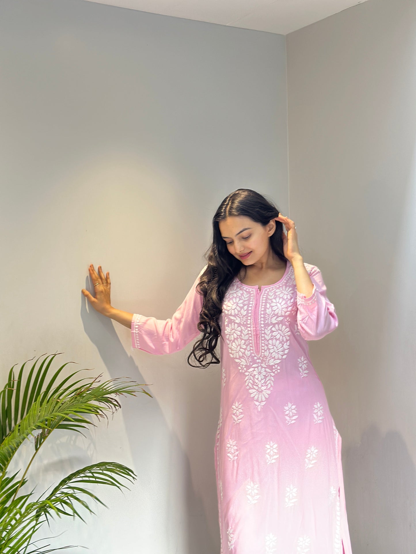 Graceful Hand-Embroidered Pink Kurti and Palazzo with Relaxed Fit