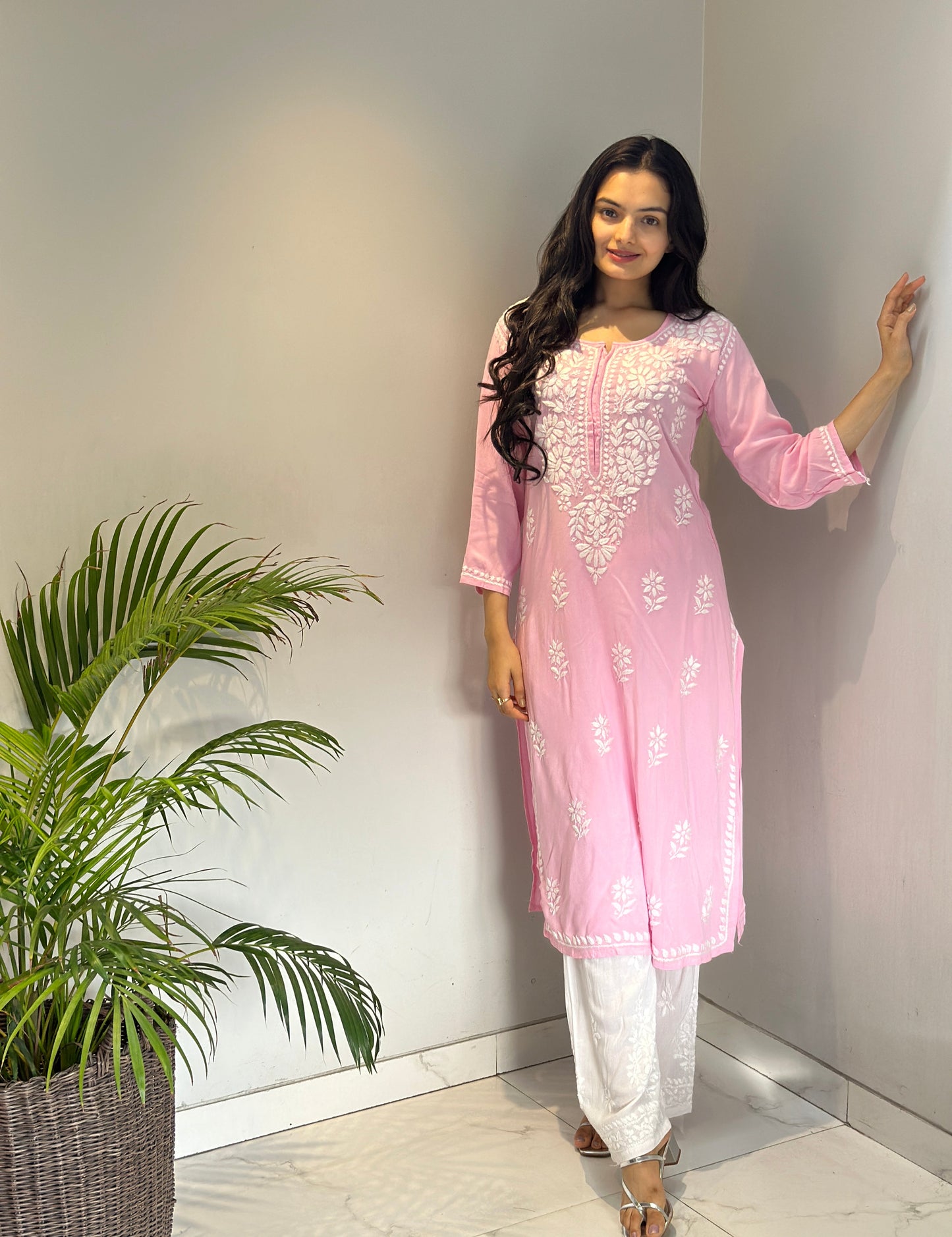 Graceful Hand-Embroidered Pink Kurti and Palazzo with Relaxed Fit