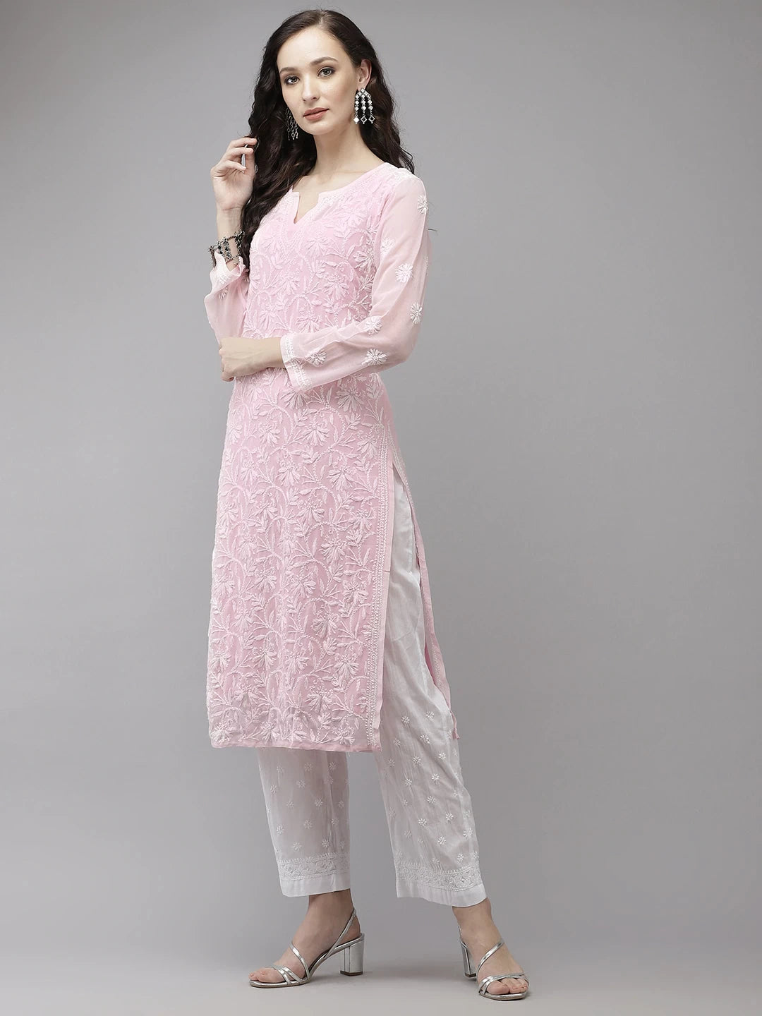 Elegant Hand-Embroidered Faux Georgette Chikankari Kurta Set with Cotton Trousers