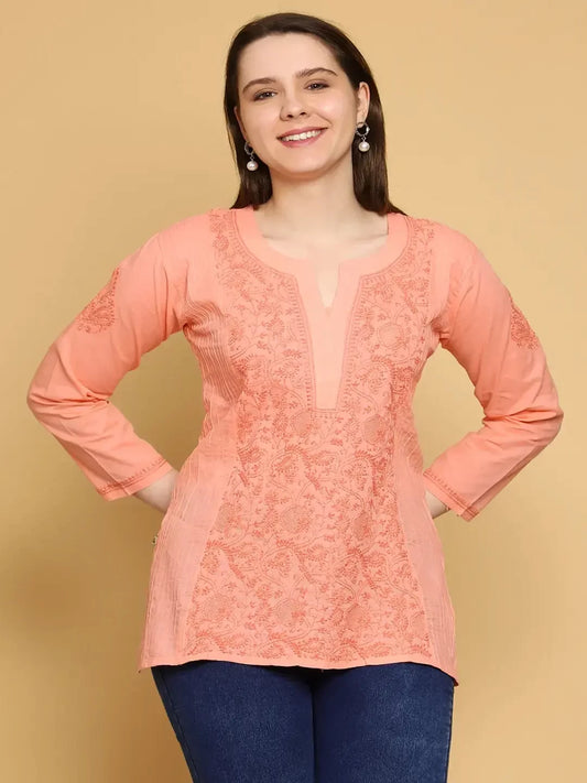 Handcrafted Peach Cotton Kurta with Chikankari Embroidery