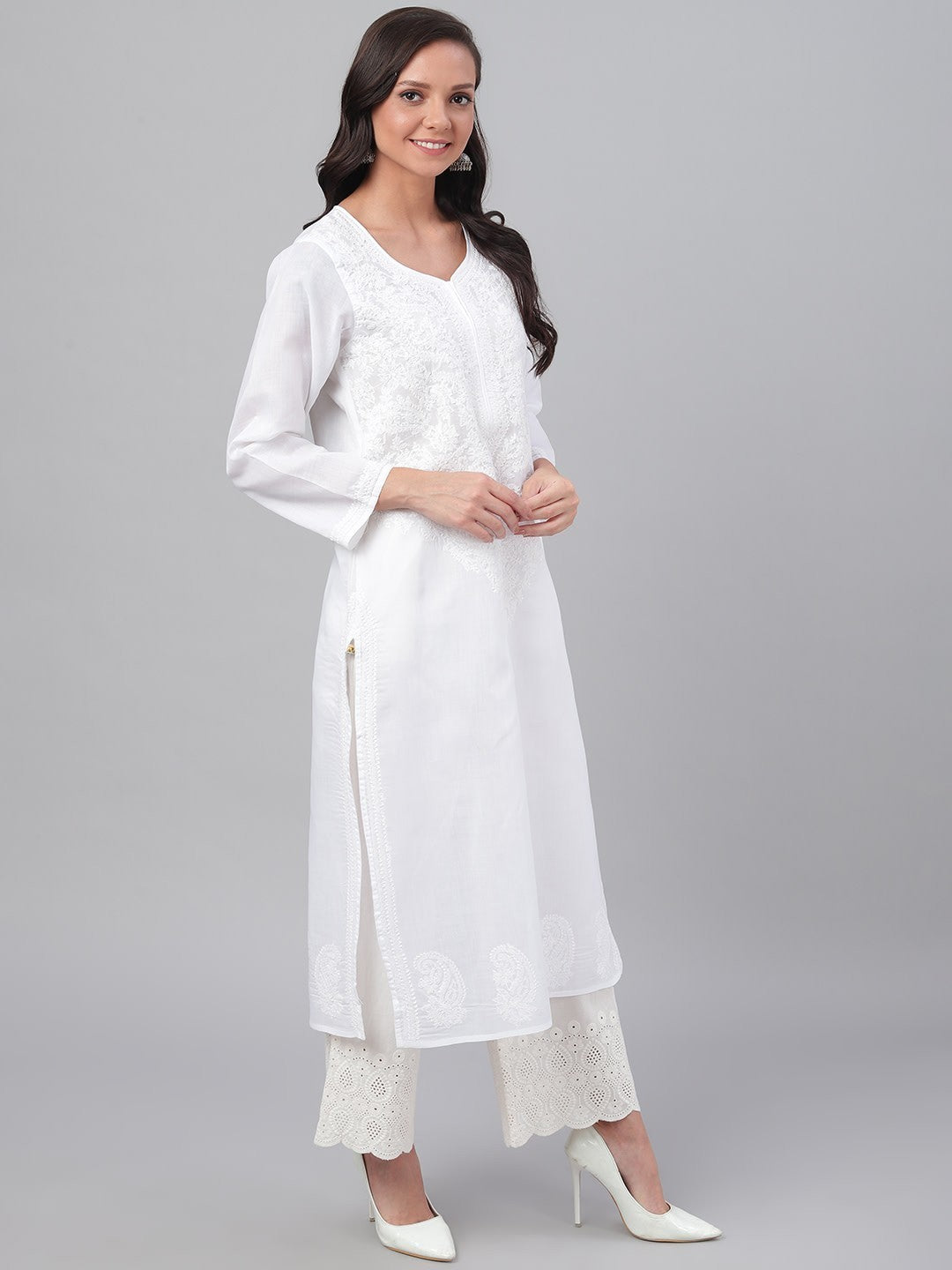 Elegant Fawn Cotton Chikankari Straight Kurta with Hand Embroidery