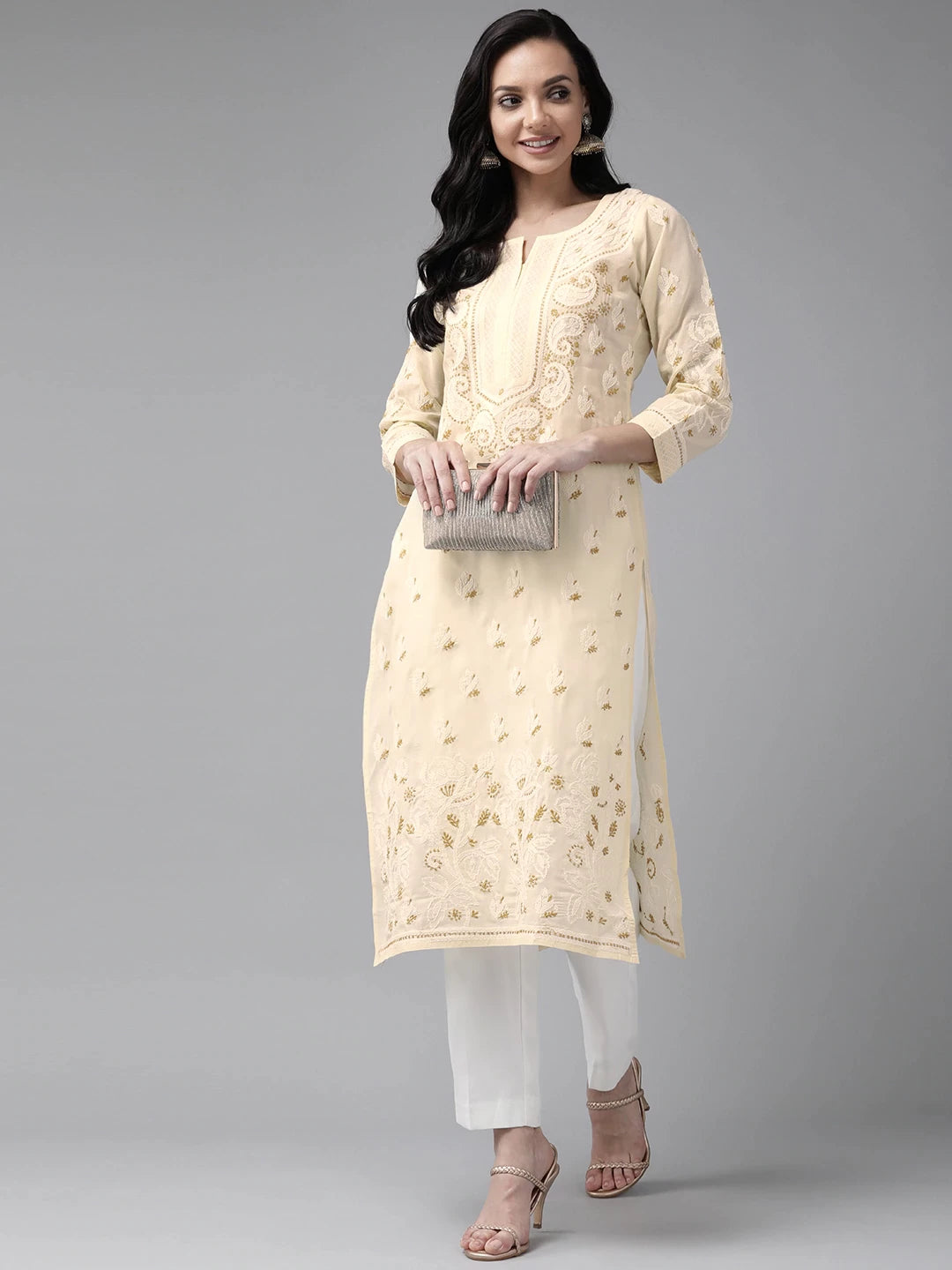 Hand-Embroidered Cotton Lucknowi Chikankari Straight Kurta