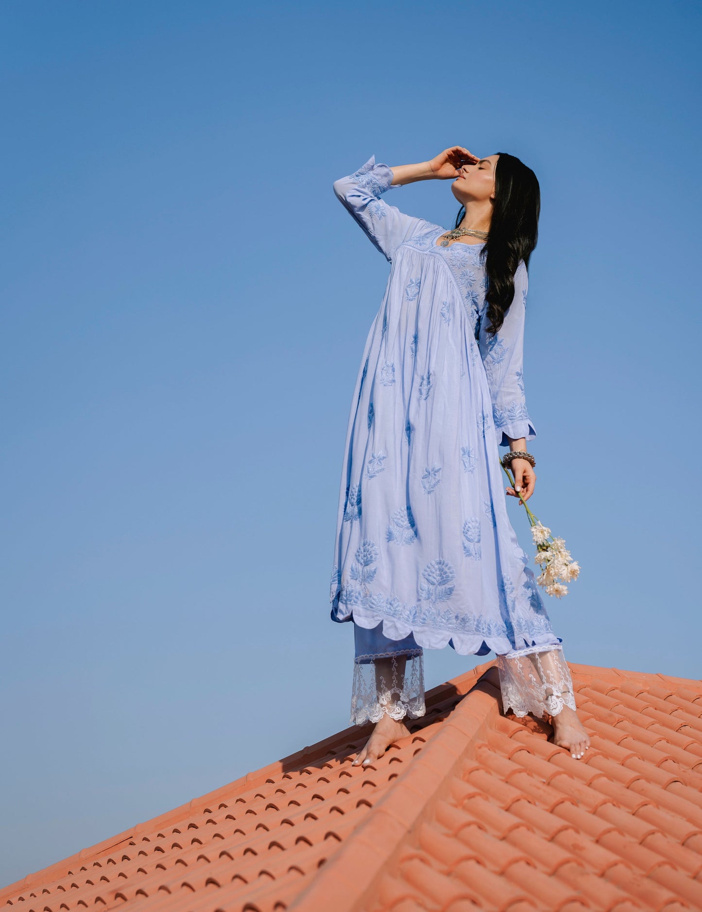 Blue Chikankari Kurti and Pants Set for Elegant Summer Style