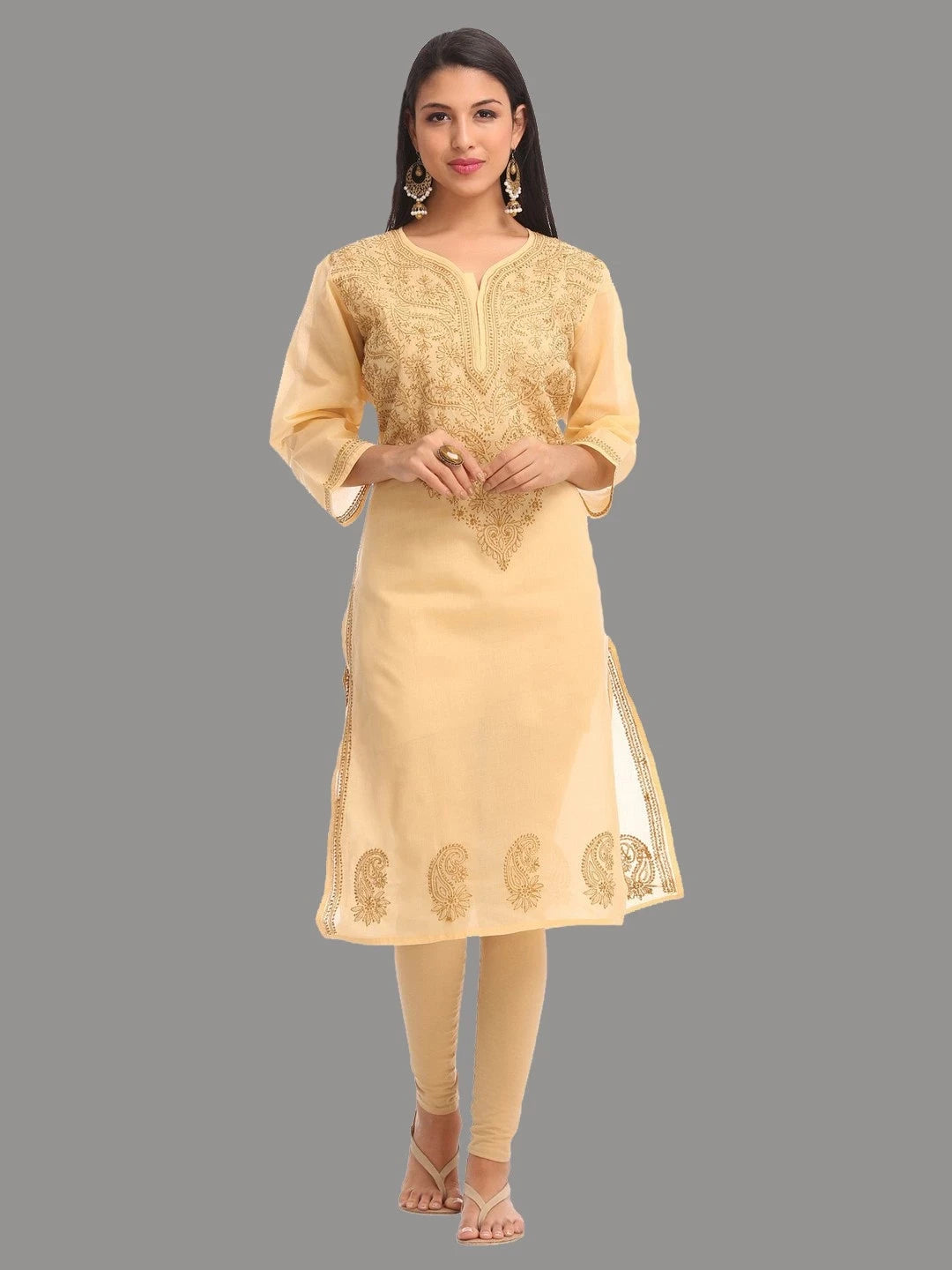 Elegant Fawn Cotton Chikankari Straight Kurta with Hand Embroidery