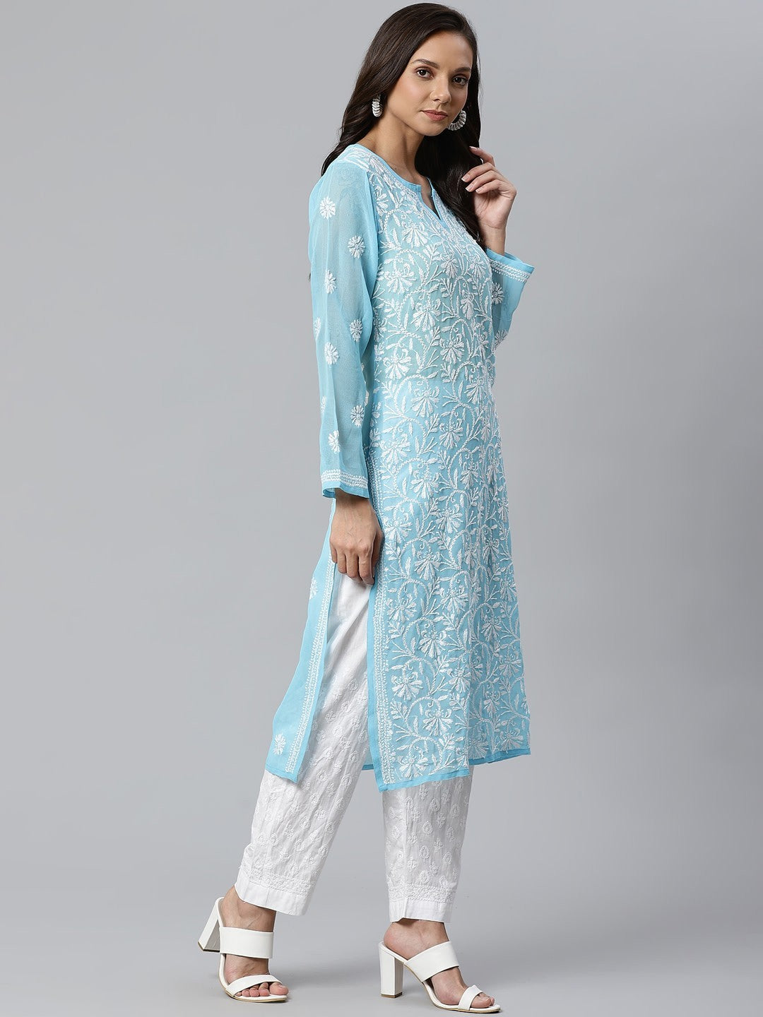 Elegant Hand-Embroidered Faux Georgette Chikankari Kurta Set with Cotton Trousers