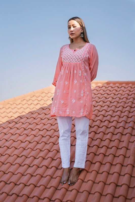 Breezy Peach Modal Cotton Kurti with White Chikan Pants