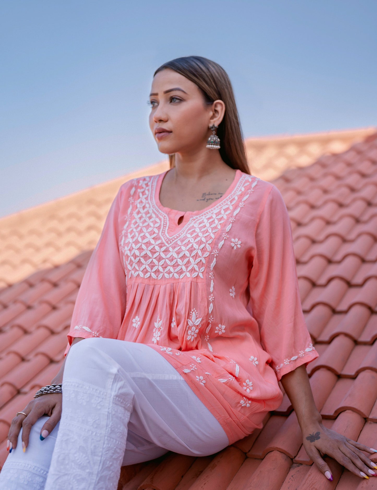 Breezy Peach Modal Cotton Kurti with White Chikan Pants