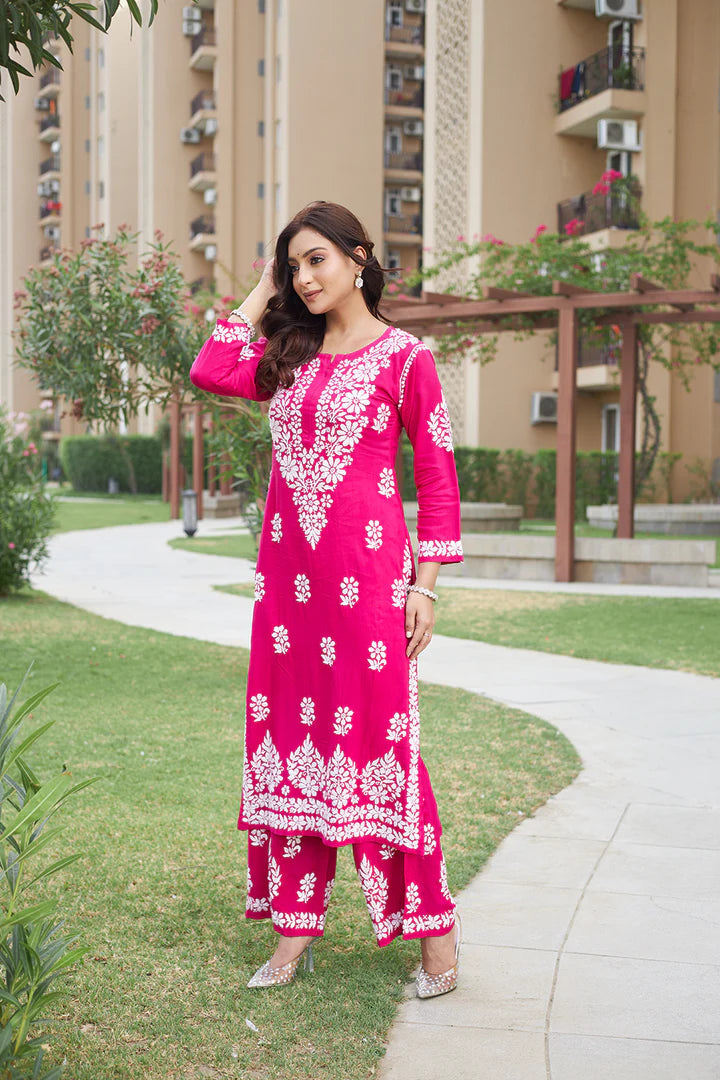 Graceful and Stylish: Handcrafted Lucknowi Kurta with Palazzo