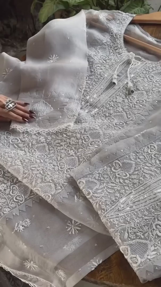 Timeless Lilac Grey Chikankari Organza Set with Appliqué and Sequins | LabelChikankari