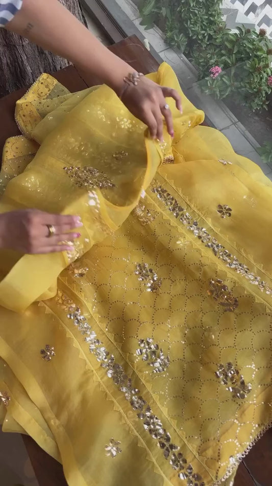 Noor Applique Mukaish Silk Organza Kurta Set in Elegant Mango Yellow