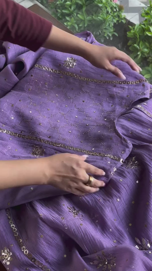 Chic Soft Purple Mukaish Chanderi Silk Dress Set | LabelChikankari