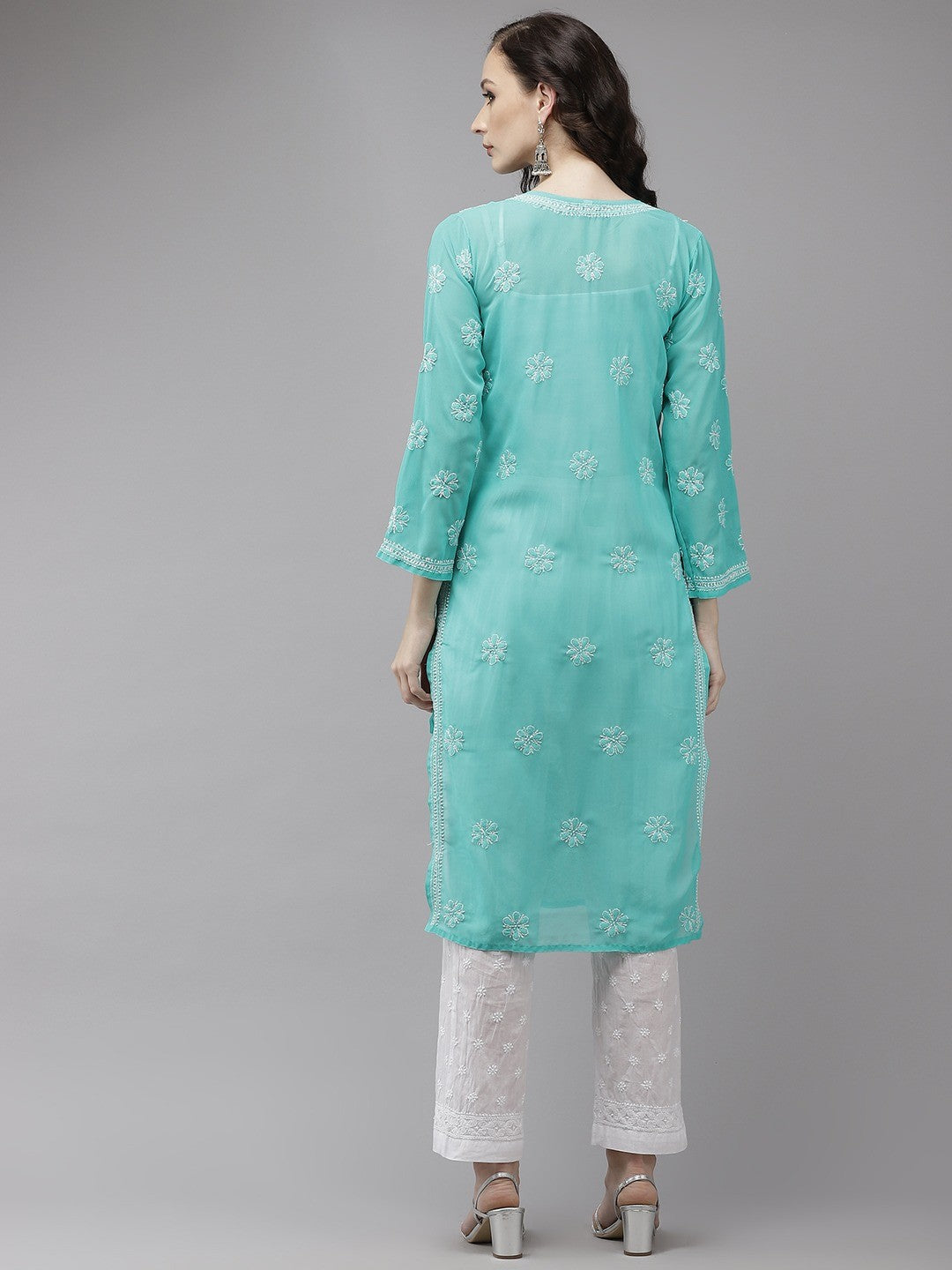 Sophisticated Chikankari Faux Georgette Kurta Set with Cotton Palazzo