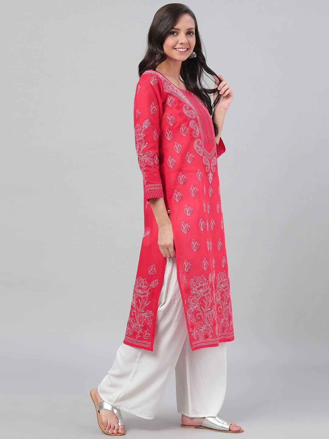 Hand-Embroidered Cotton Lucknowi Chikankari Straight Kurta