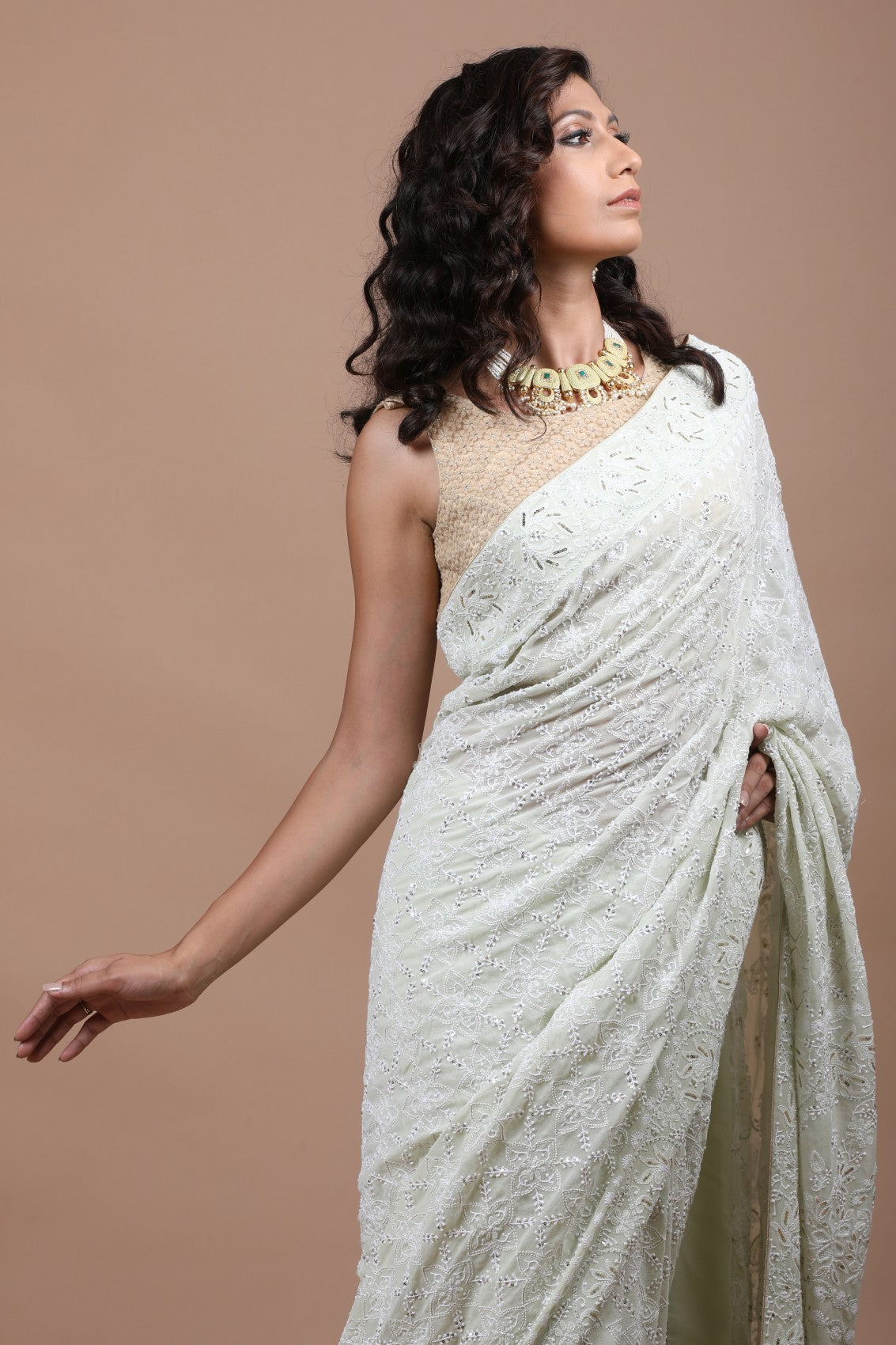 Elegant Pista Green Chikankari Georgette Saree with Traditional Embroidery & Embellishments