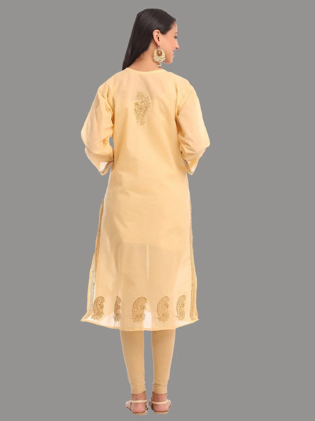 Elegant Fawn Cotton Chikankari Straight Kurta with Hand Embroidery