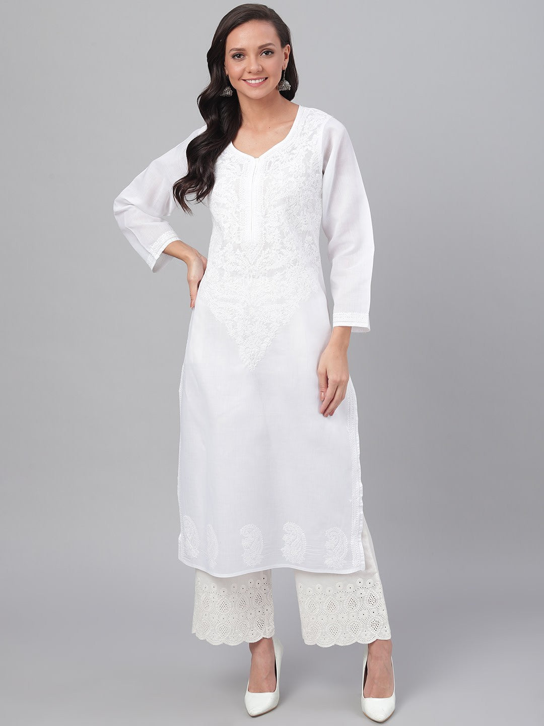 Elegant Fawn Cotton Chikankari Straight Kurta with Hand Embroidery