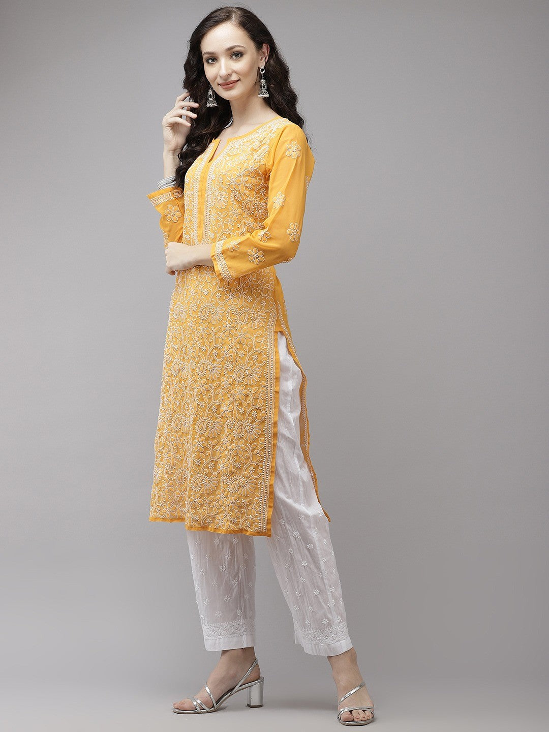 Sophisticated Chikankari Faux Georgette Kurta Set with Cotton Palazzo