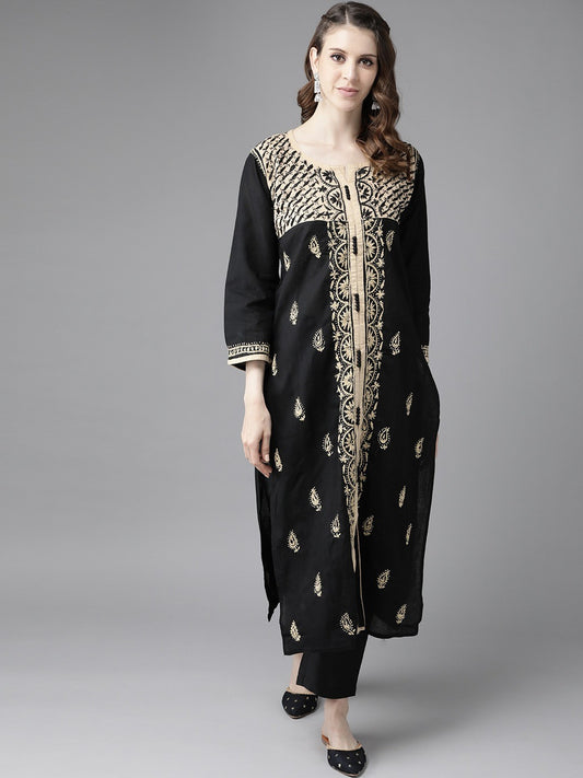 Elegant Black Cotton Chikankari Kurta with Intricate Hand Embroidery