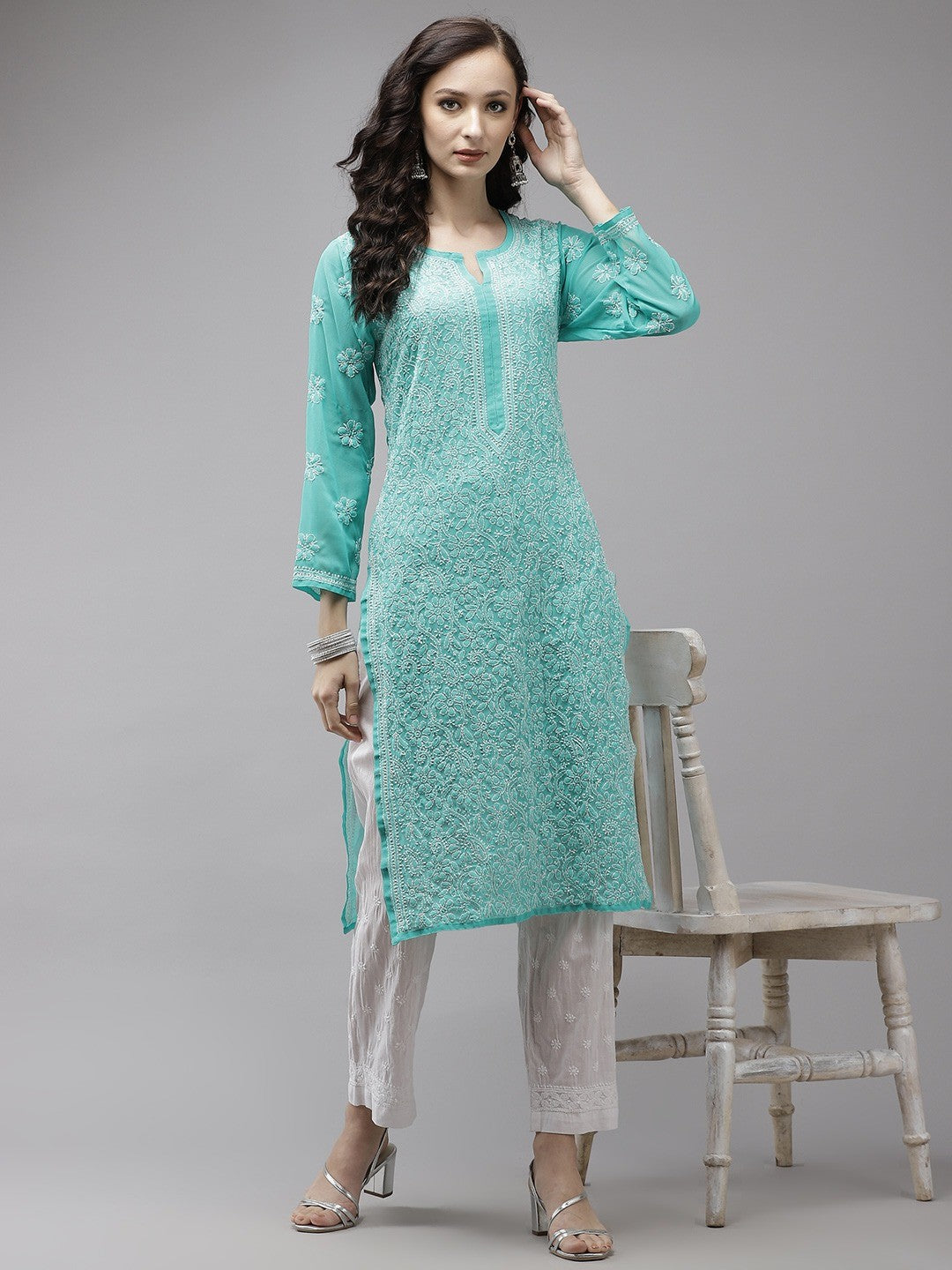 Sophisticated Chikankari Faux Georgette Kurta Set with Cotton Palazzo